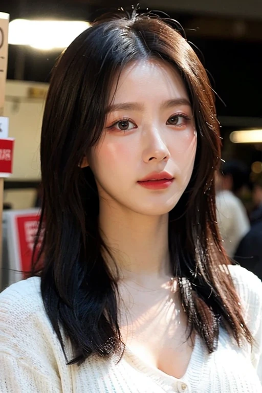 masterpiece, best quality, ultra-detailed, ultra high res, (photorealistic:1.4), raw photo, (realistic:0.2), 8k HDR, realistic lighting, looking at viewer, 1girl, solo, asymmetrical hair, (traditional market:1.2), (day), bokeh, (detailed lips), (detailed pores), (detailed skin textures), (detailed face:1.2), (body:1.2), a woman in a cardigan,