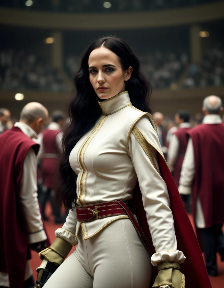 eva-grn a woman wearing a fencing outfit with cape with a sword in her hand standing in a crowded arena, looking at viewer, photorealistic, high quality, best quality,  <lora:eva-green-v1.0:0.9>