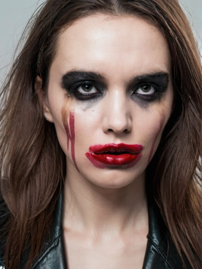 portrait of a woman with smearedmakeup, leather jacket, upper body, long hair, lipstick, make-up,
<lora:Smeared-Makeup-SDXL-000008:0.8>
