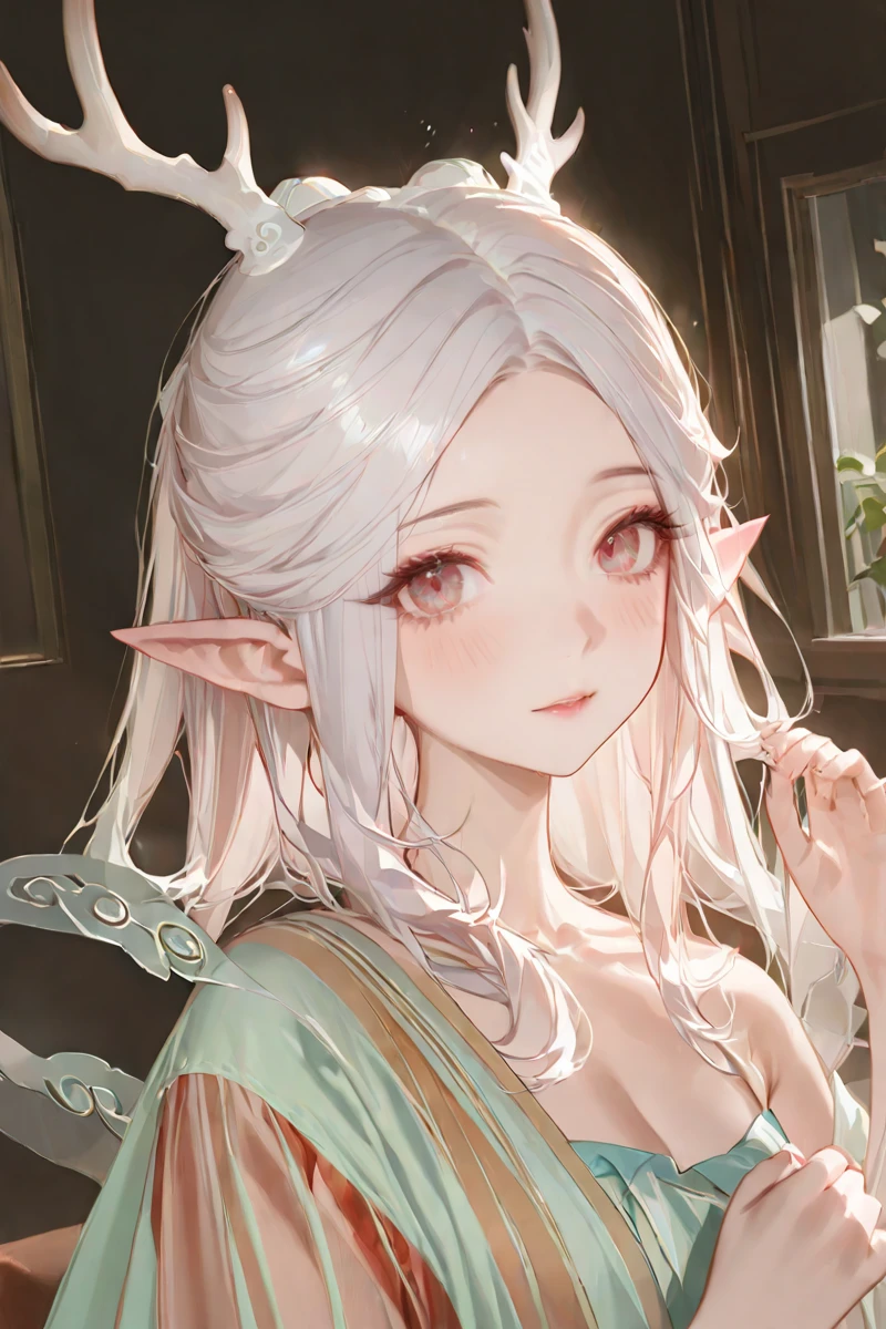 masterpiece, best quality, perfect features, intricate details, ray tracing, newest,(hitenkei, askzy:0.4), 1girl, solo,looking at viewer,antlers, pointy ears, jewelry, dress, shawl, hair ornament, <lora:Yao_Yujianshenlu_xl:1>, close-up, portrait, indoor,