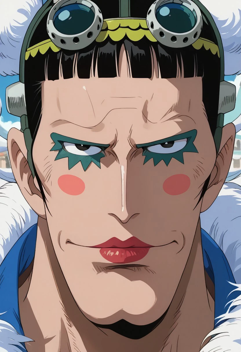 score_9, score_8_up, score_7_up, source_anime, rating_safe, BonOP, black_Bon_hair, Bon_makeup, black eyes, 1boy, male focus, anime screencap, Bon_swans, Bon_goggles on head, white_Bon_hair buns, yellow green_Bon_circlet,
