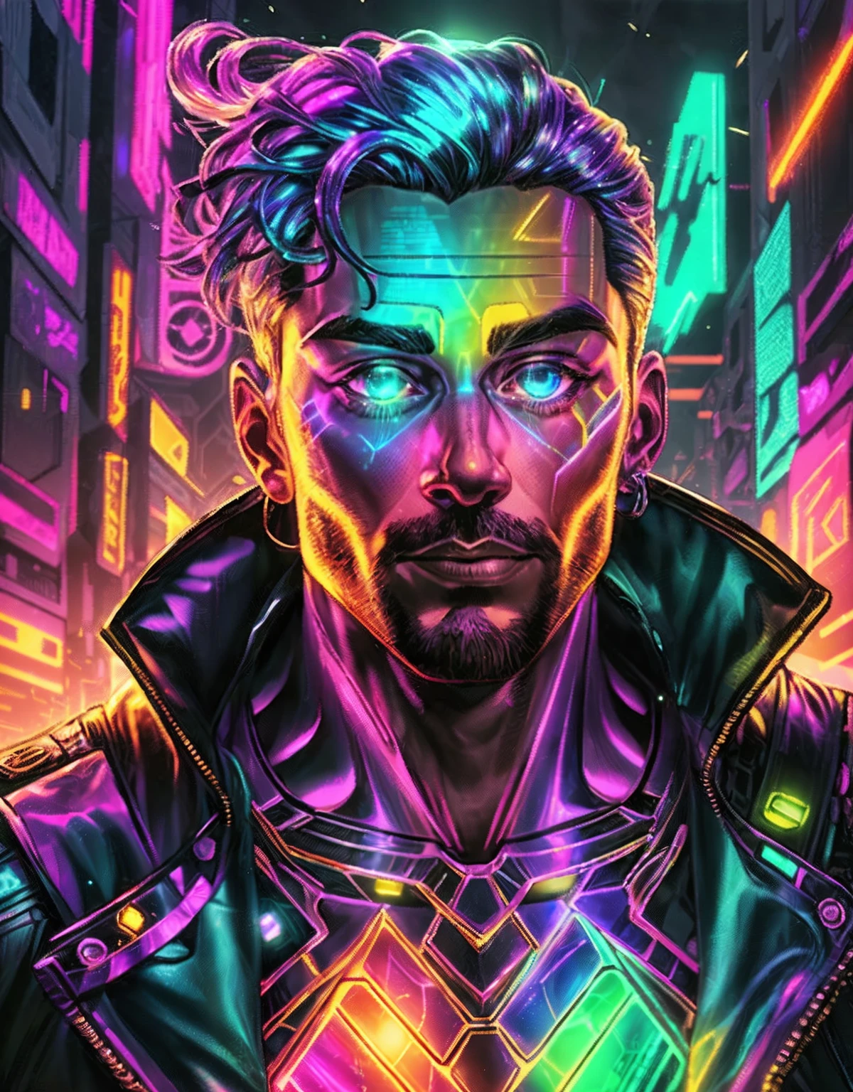 holographic man made of iridescent light, highly detailed, professional illustration, bold linework, bright saturated colors, holographic, cyberpunk 