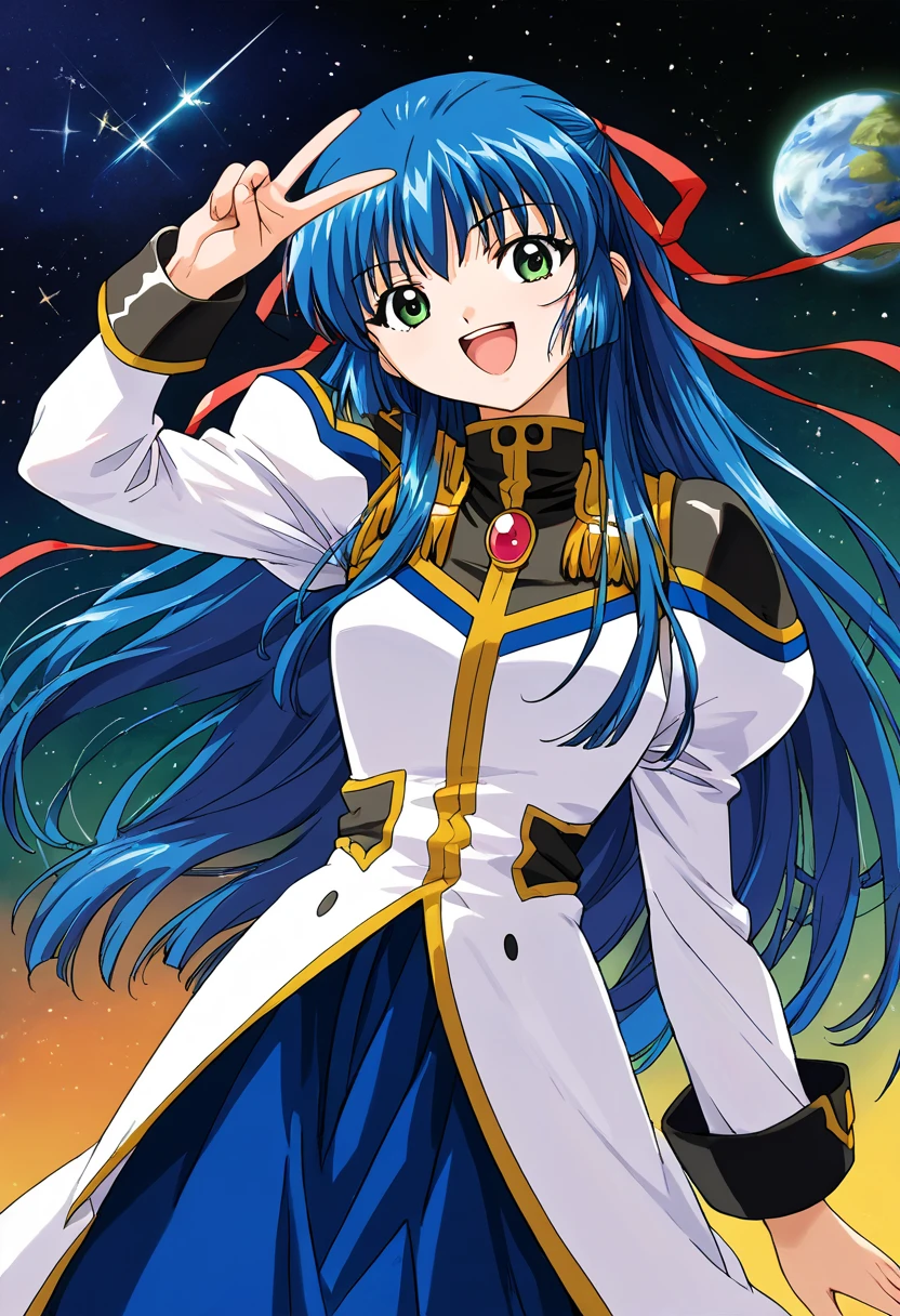 score_9, score_8_up, score_7_up, source_anime BREAK 1girl, solo, ga_chitose, making a V sign, (1990s\(style)\:0.3), cowboy shot, military uniform, puffy long sleeves, blue skirt, navy blue hair, bangs, long hair, hair ribbon, green eyes, looking at you, smile, open mouth, space background <lora:ga_chitose:1>