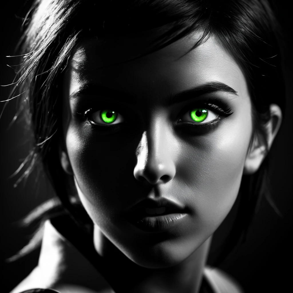 [(teenage girl with fierce eyes and bold features:close-up of her face, sharp green eyes with intense focus, dark eyeliner accentuating her gaze, high cheekbones, lips pressed together in determination, short black hair spiked up around her face):20], high-contrast lighting casting deep shadows, emphasizing her strong features and capturing her fierce, rebellious spirit, (front face photographic super close up portrait:1.1)