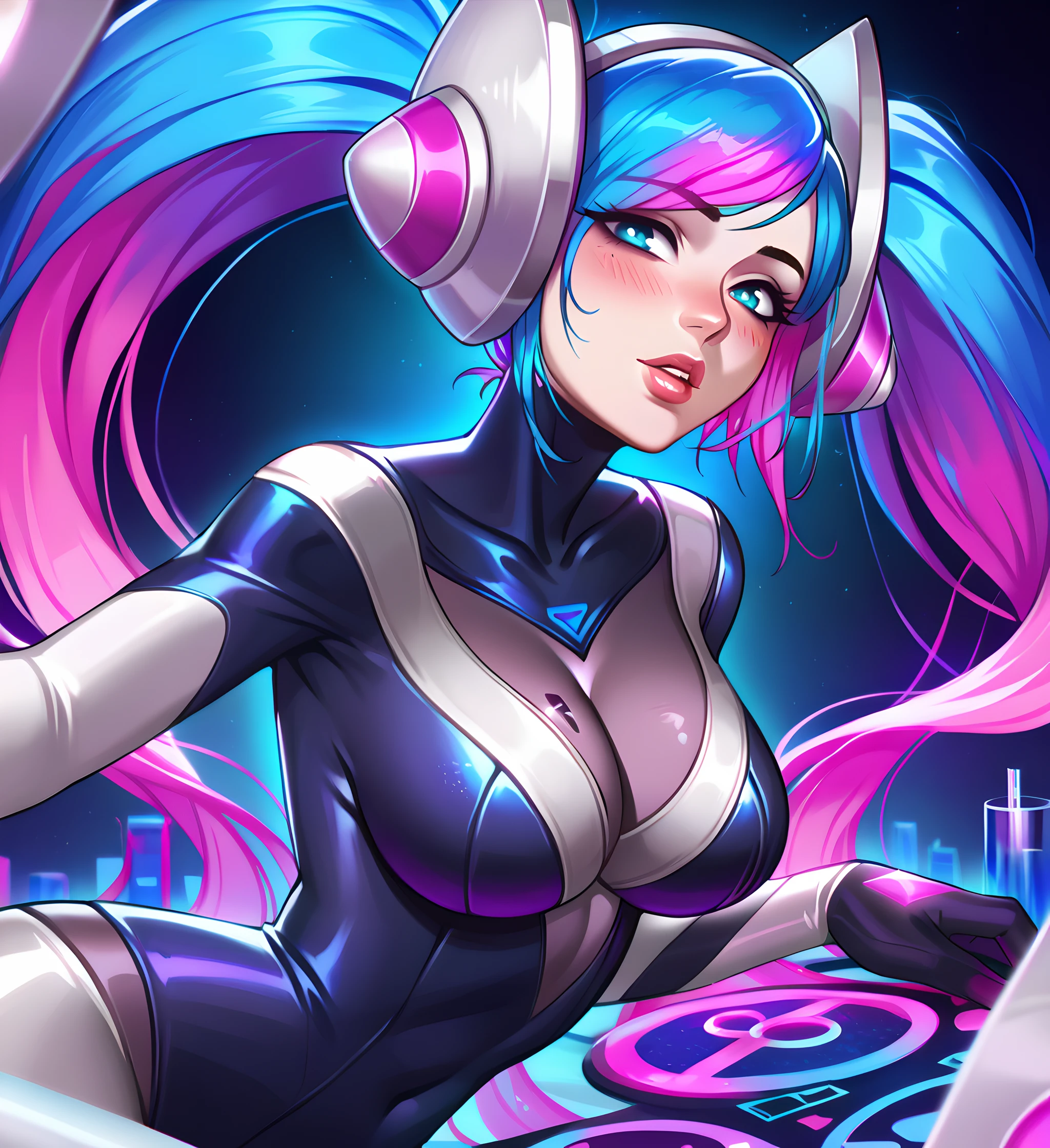 s0naDj, dj sona, 1girl, solo, long hair, looking at viewer, blush, blue eyes, large breasts, gloves, twintails, very long hair, blue hair, pink hair, parted lips, bodysuit, breasts out, skin tight, score_9, score_8, score_7, source_anime, zPDXL, <lora:arcan3styl3v1PonySDXL:0.35>, arcan3styl3v1, <lora:4rc4n3XLP:0.51>, 4rc4n3, <lora:Sona_DJ_Pony_v1:0.8>, dramatic light