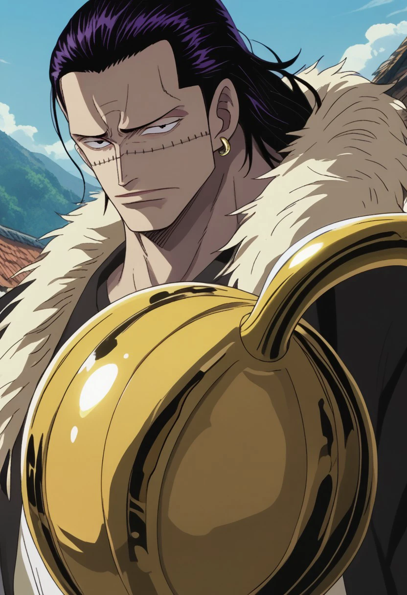 score_9, score_8_up, score_7_up, source_anime, rating_safe, CrocodileOP, black-purple_Croco_hair, Croco_scar across face, yellow_Croco_single earring, black eyes, 1boy, male focus, anime screencap, gold_Croco_single hook