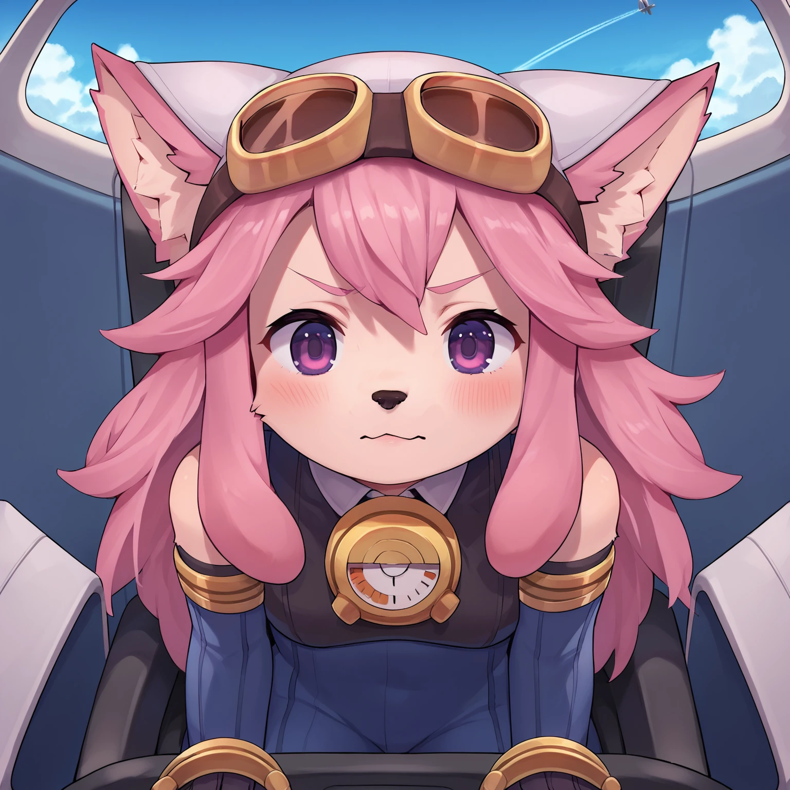 source_anime, score_8_up, score_7_up, rating_safe, a girl piloting an aircraft, chocolatsr, 1girl, furry female, dog girl, pink fur, long hair, pink hair, dog tail, body fur, purple eyes, animal ears, animal nose, bodysuit, elbow gloves, goggles on headwear, v-shaped eyebrows, (>:3:1.3), blush, (straight-on, from above:1.4), (close-up:1.2), cute, closed mouth, solo, sitting, (cockpit:1.3), piloting, pilot chair, detailed background, airplane interior, control stick, switch, buttons, (joystick:1.3), monitor, sky, cloud, embedding:zPDXL2