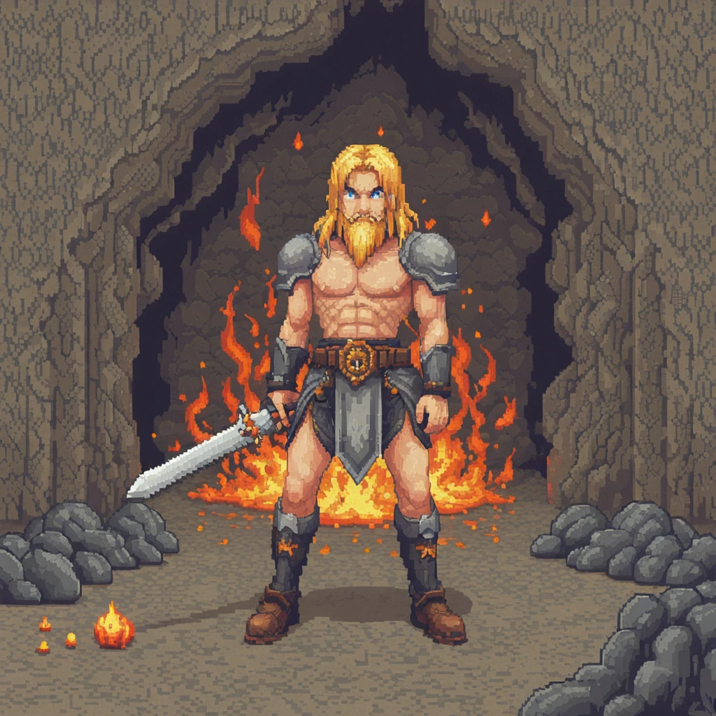 [[S_PixelArt of a middle aged man with blond hair and a long beard and a sword and armor and a burst of fire around one foot with a huge dangerous creature behind him in a cave|S_PixelArt]:S_PixelArt:0.5]