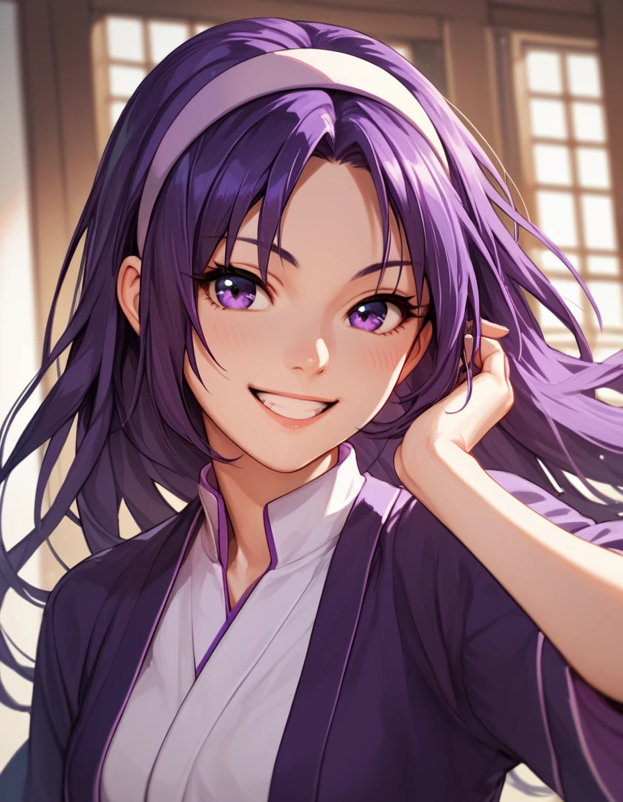 Mai, long hair, purple eyes, purple hair, hairband,  <lora:PowerofHopePrecureFullBloom:1>, score_9, score_8_up, score_7_up, score_6_up, score_5_up, score_4_up, source_anime, , smile, dynamic pose