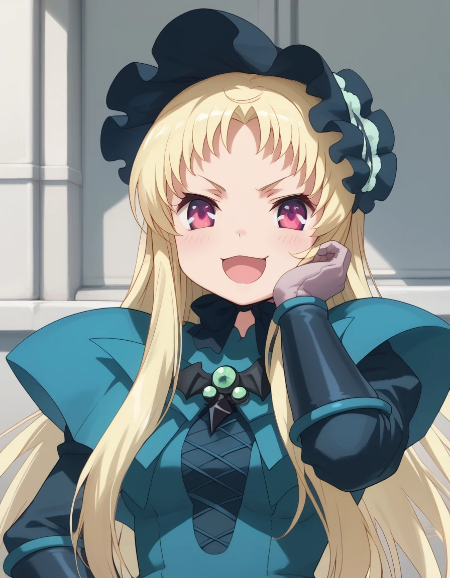 score_9, score_8_up, score_7_up, BREAK source_anime, best quality, masterpiece,very aesthetic, zPDXL2,official art,detailed_eyes,1girl, solo,
salome_(twin_angel), blonde hair, long hair, purple eyes, chibi, :3
green military uniform, gloves, boots,
<lora:salome_(twin_angel)_pony_v1:1>
standing, (ojou-sama_pose:1.3) 
(open mouth), blush,smirk
looking at viewer,(upper body,:1.3),laughing 
outdoors,