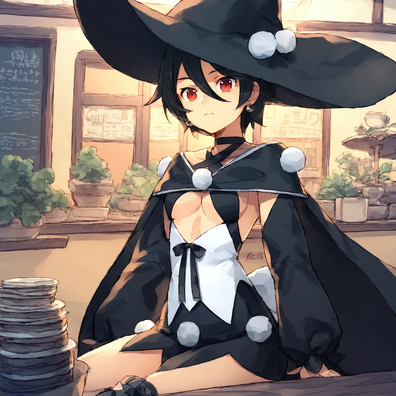 source_anime, masterpiece, score_9, score_8_up, score_7_up, score_6_up, 1girl, solo, BREAK
Kazumi Subaru, short hair, black hair, red eyes, long sleeves, hair between eyes, earrings, puffy sleeves, witch hat, skirt, detached sleeves, black cape, underboob, cafe, ,BREAK
  <lora:Kazumi:1>