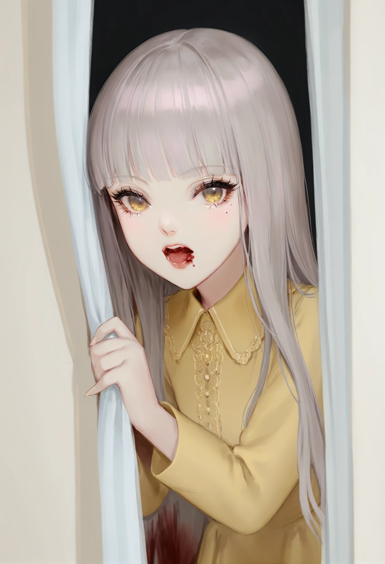 masterpiece, best quality,1girl, solo, looking at viewer, long hair, curtain grab, mole, blood, open mouth, blunt bangs, mole under eye, peeking out, white background, simple background, teeth, yellow theme, blush, curtains, blood from mouth 
<lora:DADACHYOXLlokr4f-000179:0.8>