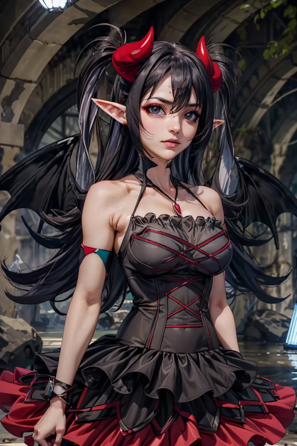 (ultra realistic,32k, masterpiece:1.2),(high detailed skin:1.1),( high quality:1.1), BREAK,   <lora:Luceria:0.8>, zzLuceria, black eyes, black hair, long hair, pointy ears, demon girl, demon horns, hair between eyes, two side up, bare shoulders, demon wings, collarbone, dress, v-shaped eyebrows, jewelry,    BREAK,  blooming stars, luminescent petals, otherworldly fragrance blurry background, (looking at viewer, standing:1.1), huge breast, large breast, <lora:add_detail:0.92>, (glowwave:1.1),