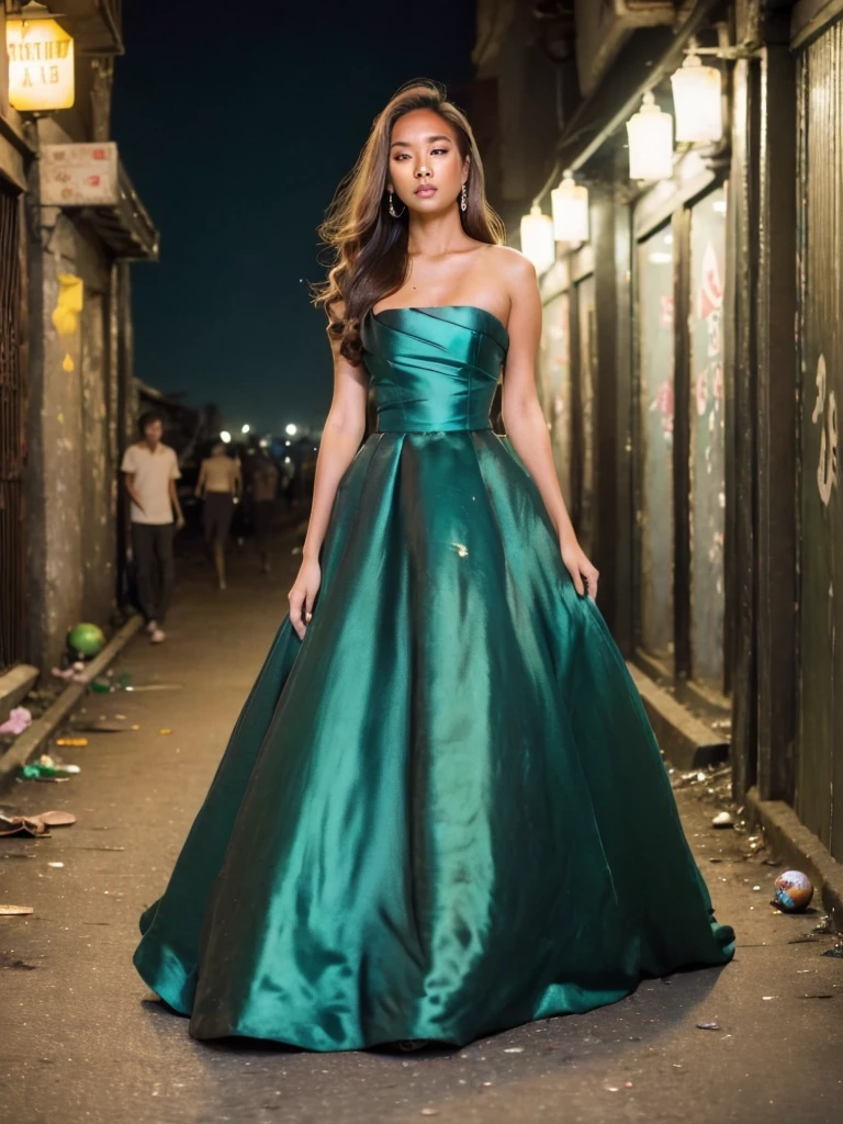 drunk girl walking home, against wall, (( in dirty slum alley at night)), garbage, trash, dirty alley, low light, dark,
<lora:DA_Chinni_SD:1> (long dark brown hair:1.2), tan skin, , shocked, futa, transgender, penis <lora:DA_GreenBallGown:1>((long green ball gown dress)), 1girl, slim body,
(masterpiece, best quality, highres:1.2),source_photorealistic,photo,photorealistic,