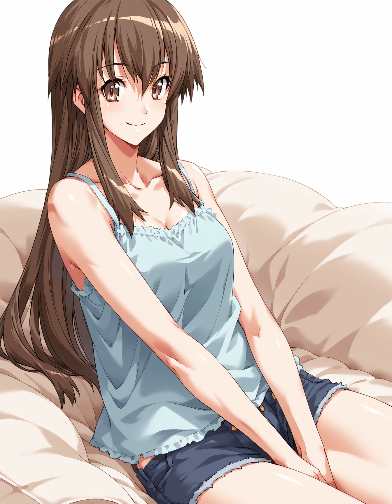 <lora:Ootsuki_Sakumi_MHW:0.9>, sakami_mhw, brown hair, long hair, brown eyes, 1girl, solo, closed mouth, smile, hotpants, camisole,  ,score_9, score_8_up, score_7_up, masterpiece, best quality, source_anime,