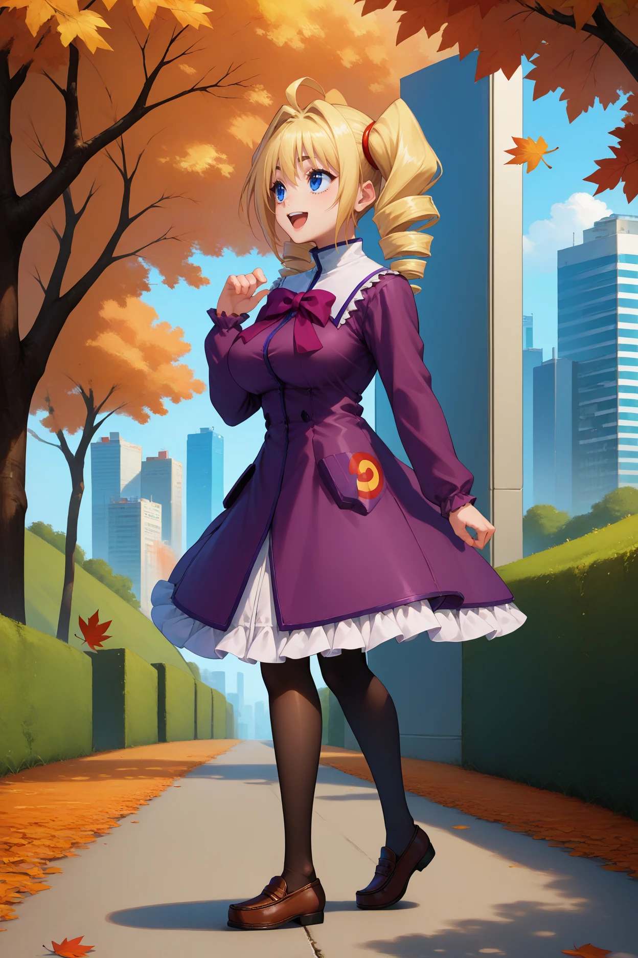 score_9, score_8_up, score_7_up, score_6_up, source_anime BREAK 1girl, solo <lora:ravelphenex-pdxl-nvwls-v1-000004:1> dxdRP, blonde hair, ahoge, twin drills, blue eyes, breasts, purple dress, long sleeves, purple bow, white collar, frilled dress, black pantyhose, loafers, full body, big breasts, walking, from side, looking up, happy, hand up, autumn, cityscape, road