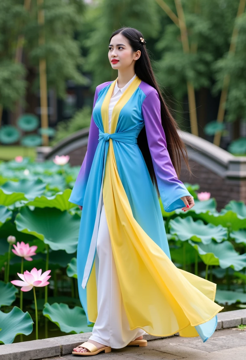 A young Vietnamese woman dressed in a traditional Áo Tứ Thân, with vibrant colors of bright blue, yellow, and purple, elegantly layered over a white yếm. Her long, silky black hair flows down her back as she stands gracefully beside a tranquil lotus pond. The four flowing panels of her dress gently sway in the breeze, and she wears a pair of wooden sandals that complement her traditional attire. The background features a peaceful garden with blooming lotus flowers, bamboo trees, and an ancient stone bridge arching over the pond. The woman's serene expression and delicate posture reflect a sense of calm and harmony with nature. Photorealistic, 4K resolution, soft, diffused lighting