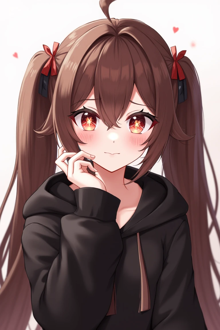 an anime style portrait of a teen girl. 1girl, brown hair, long hair, twintails, red eyes, symbol-shaped pupils, black hoodie <lora:Hu_Tao:1>