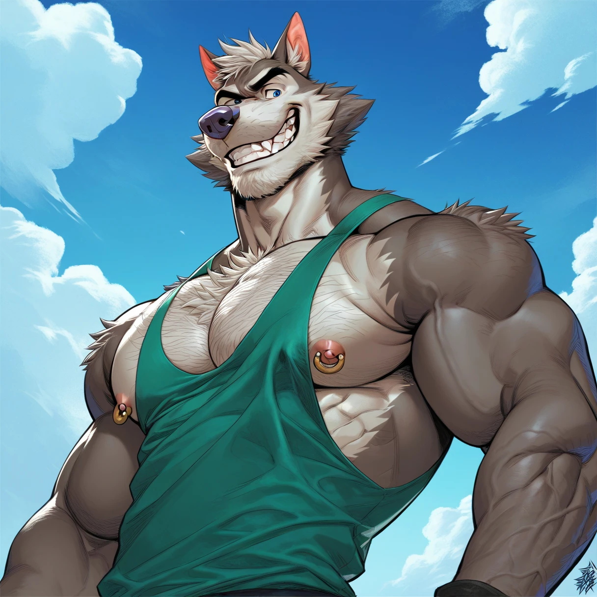 score_9, score_8_up, score_7_up, score_6_up, 1boy, solo, chip the wolf, anthro, furry, muscular, from below, big pectorals, grin, tank top, nipple slip, looking at you, grin, chest hair, nipple piercing, realistic, sky, blake alexander style<lora:EMS-468089-EMS:0.800000>