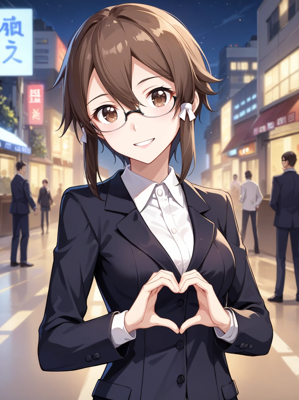 score_9, score_8_up,score_7_up, source_anime, expressiveh <lora:Expressive_H:0.2> BREAK
1girl, standing, suit, heart hands, night, street, city,
asada shino, brown hair, hair between eyes, hair ornament, brown eyes, short hair, hair ribbon, glasses,
 brown eyes,  
medium breasts,smile,
 <lora:asada shino v0.2-000018:0.8>,