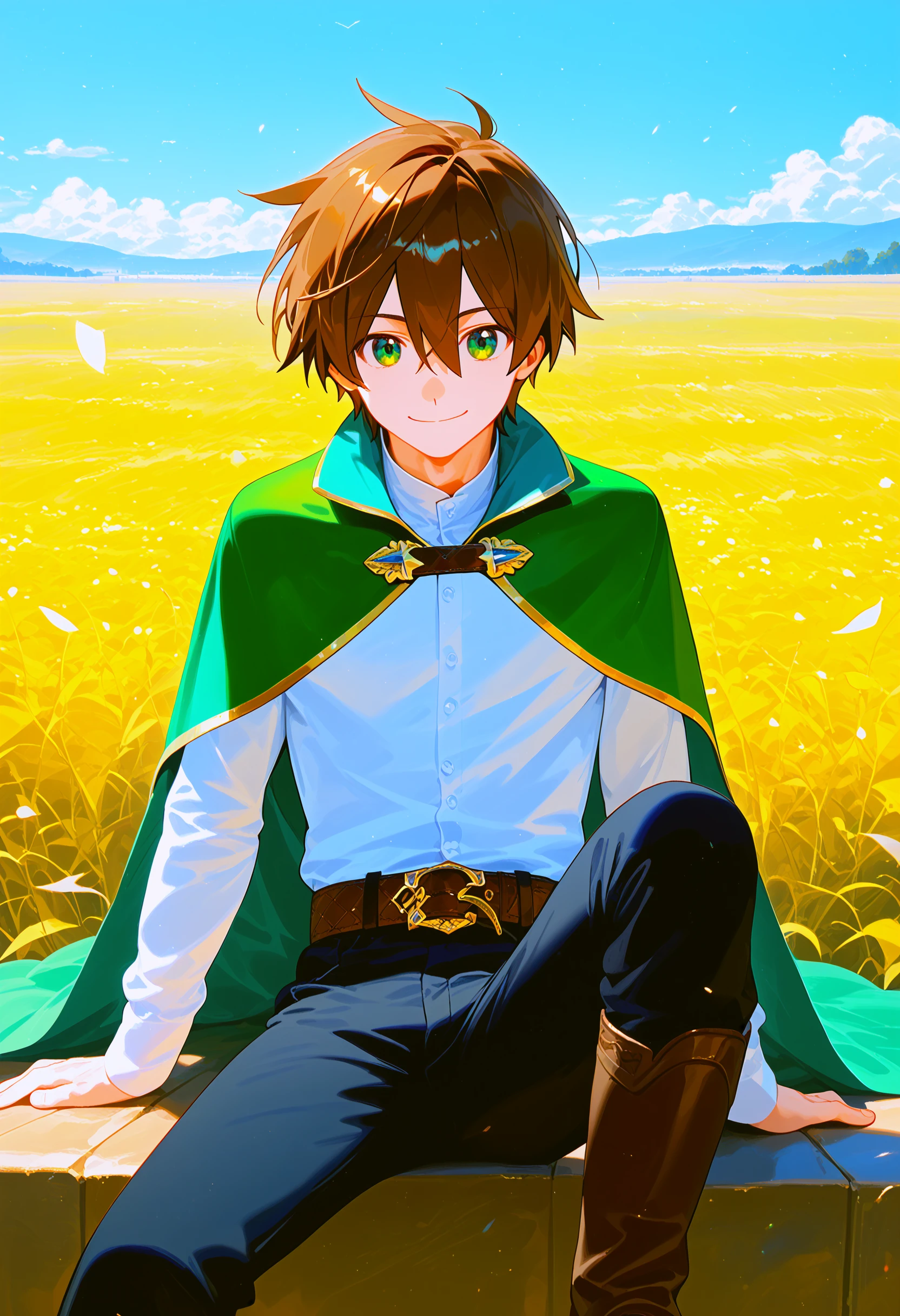 satou kazuma, 1boy, green eyes, male focus, brown hair, solo, brown footwear, boots, pants, sitting, looking at viewer, capelet, shirt, white shirt, black pants, belt, smile, long sleeves, green cape, closed mouth, knee up, short hair, hair between eyes, brown belt, knee boots outdoors, field, explosion gag,
<lora:konosuba_collection_v2:1> score_9, score_8_up, score_7_up, score_6_up, absurdres, masterpiece, best quality, very aesthetic