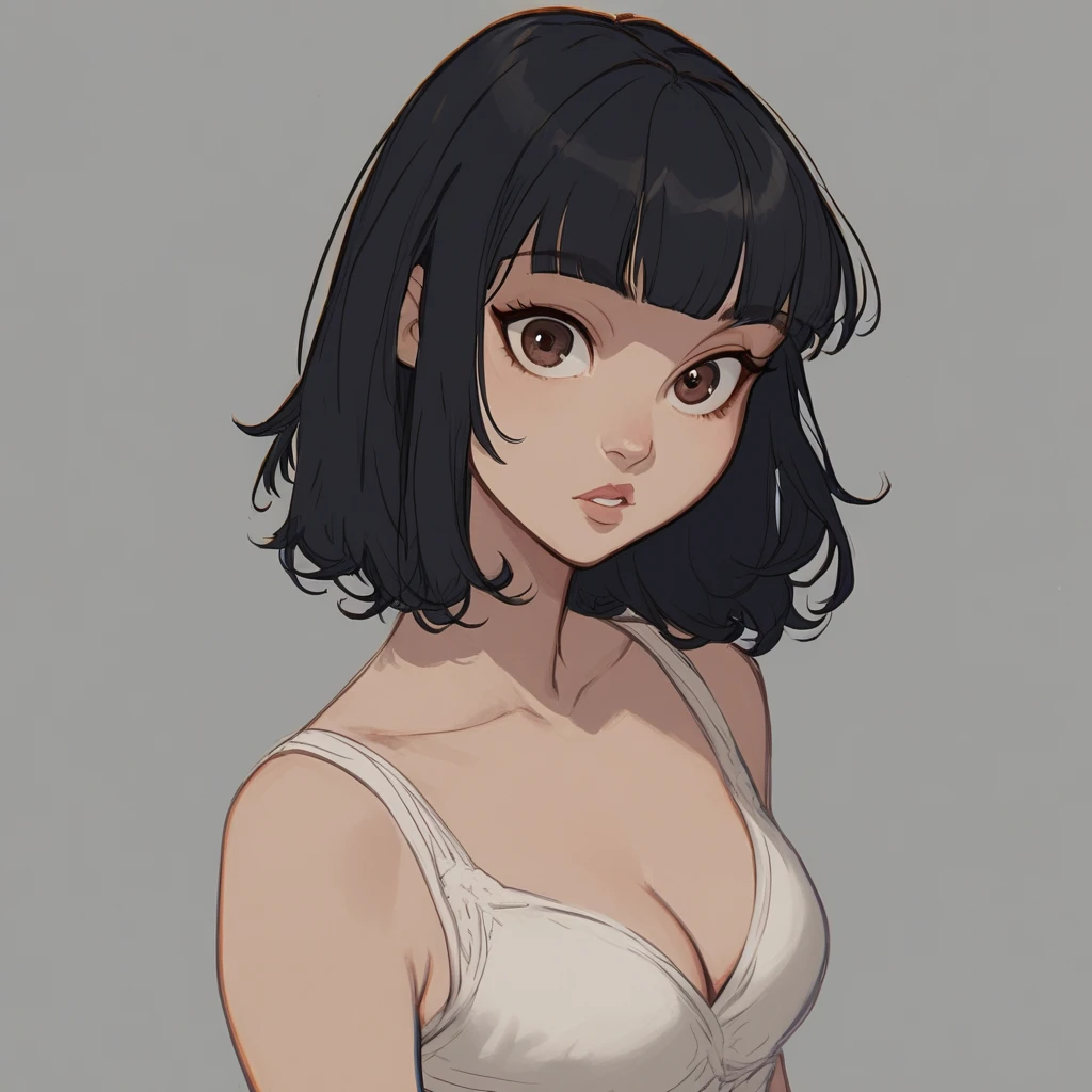 score_9, source_anime, 1girl, solo, looking at viewer, black hair, cleavage, bare shoulders, medium breasts, brown eyes, underwear, collarbone, upper body, parted lips, medium hair, blunt bangs, grey background, lips