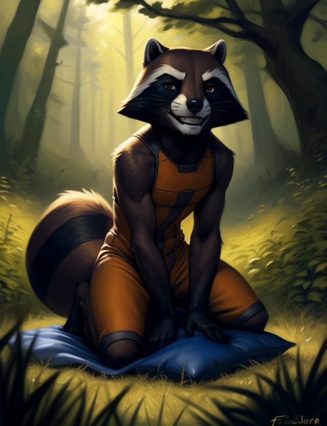 <lora:RocketRacGyYif:1> RocketRacGy, Racoon, Orange jumpsuit, Brown eyes, chibi, 
Looks at the viewer, (grin, leaning forward)
[ large window, (nature), forest, grass, day shining, clouds, flowers, blanket, blue pillows, candles, bed, pillows, ]
(beautiful, aesthetic, perfect, delicate, intricate, saturated colors), masterpiece, digital drawing, best quality,
by taran fiddler, by cynicalstarr, by personalami,