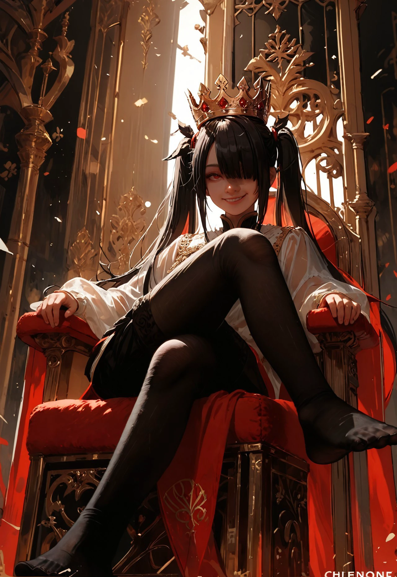 Score_7_up,score_8_up, score_9_up, score_anime, 1 girl, detail1eye, solo, black hair, red eye, long hair, twintails, hair over one eye, detail1eye, sitting on Theone, score_9, score_9_up,1girl,sitting on a throne,legs crossed,portrait,smug smile,throneroom,look at viewer,crown, close up,transparent robes,black stockings,from below, feet, anime, anime style