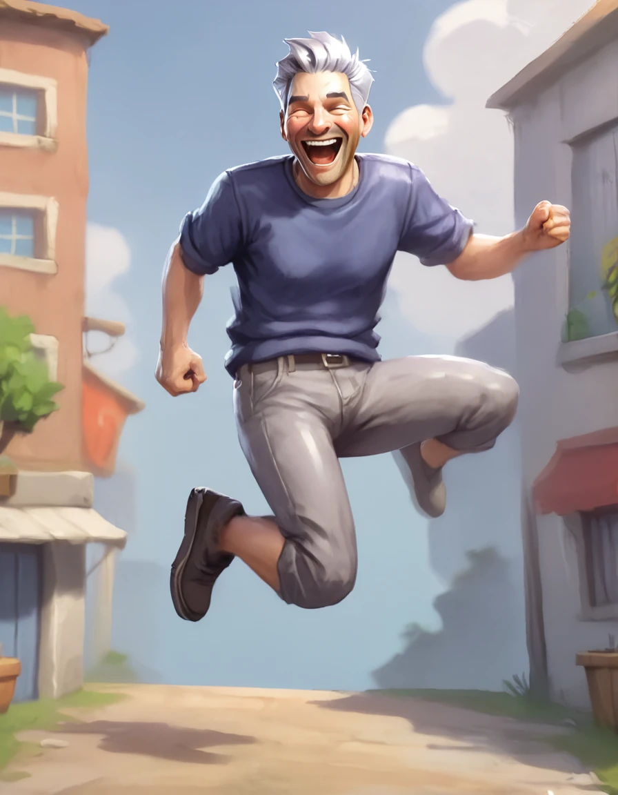 (game art of a male 40 years old with silver  short hair laughing and jumping<lora:khdgr:1.2>