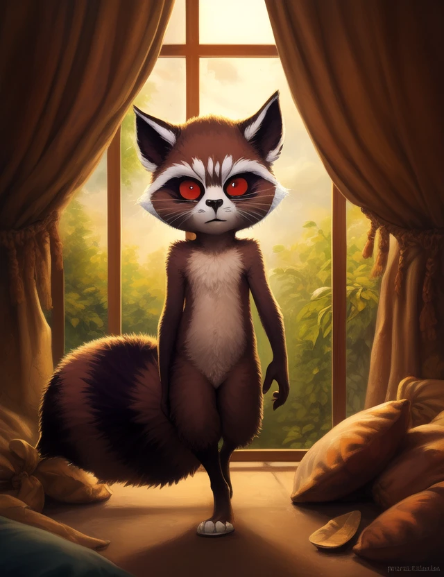 <lora:RocketGrVerYif:1>  RocketGrVer, Raccoon, red eyes, tail,nude, naced,
Looks at the viewer,   without pants,(walking )
[ large window, (nature), forest, grass, day shining, clouds, flowers, blanket, blue pillows, candles, bed, pillows, ]
(beautiful, aesthetic, perfect, delicate, intricate, saturated colors), masterpiece, digital drawing, best quality,
[by kenket|by totesfleisch8], by thebigslick:by silverfox5213:0.8], [by syuro, by paloma-paloma::0.2, (Tricksta, TotesFleisch8)