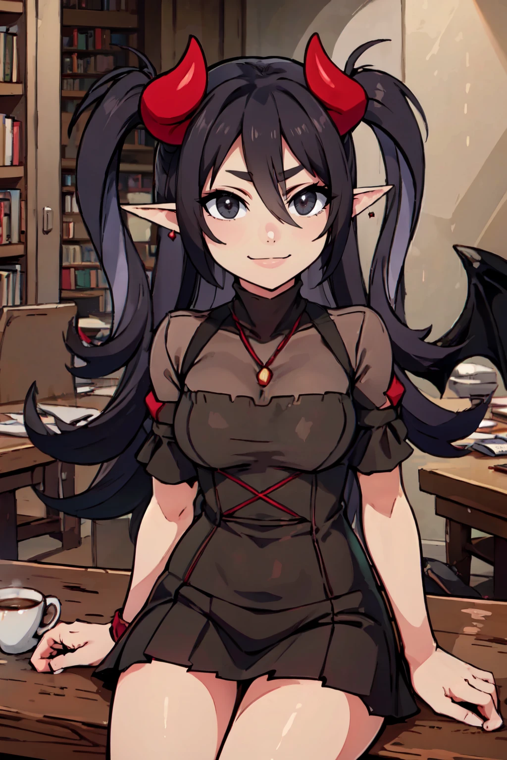 ((masterpiece,best quality)), absurdres,  BREAK,, <lora:Luceria:0.8>, zzLuceria, black eyes, black hair, long hair, pointy ears, demon girl, demon horns, hair between eyes, two side up,, BREAK, turtleneck sweater, earrings, library, cup of coffee, sitting at table, BREAK, solo, smile, looking at viewer, cowboy shot,