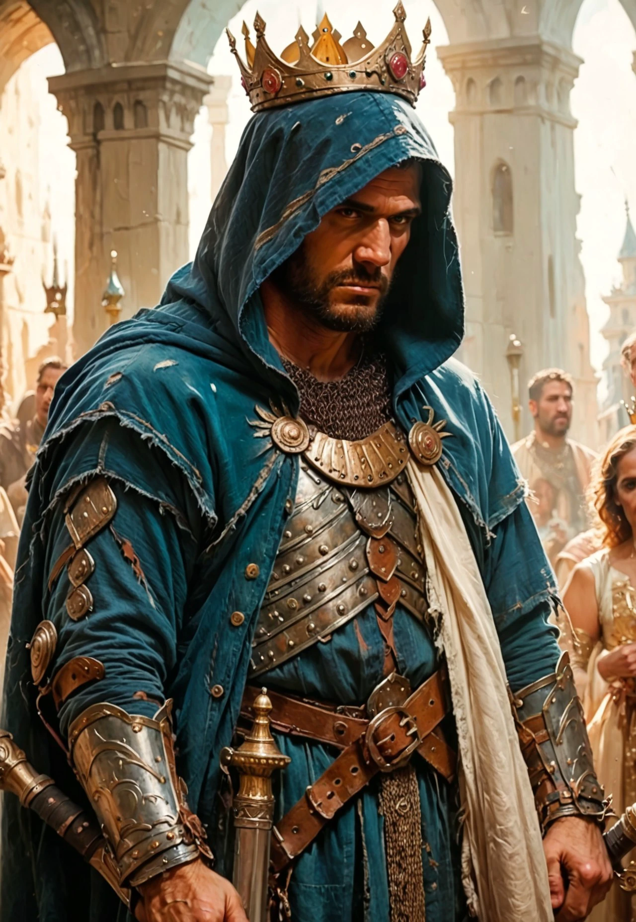 score_9, score_8_up, a man standing with his sword, hood, long hood, wearing a crown , mysterious , realistic