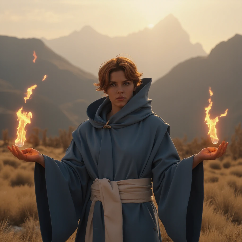 <lora:sypha_v3:1.5>, film scene from Denis Villeneuve. Cinematography. Atmosphere of tension.
a gorgeous 25 year old beautiful female Sypha Belnades, sypha,1girl,Sypha Belnades,1woman,orange hair,short hair,blue robe,outside,gesturing, casting fire magic, a flaming orb hovers over each of her two hands as she gestures, she has a threatening aura as she stands ready, off white waist wrap, afternoon, mountains on the horizon, blue eyes, action