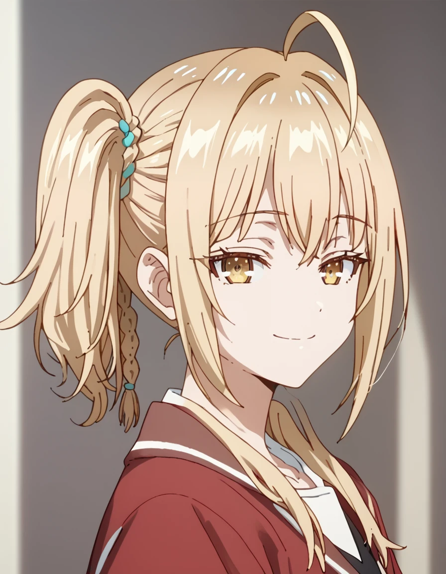 Nonoa, bangs, blonde hair, yellow eyes, braid, ahoge, side ponytail, <lora:AlyaSometimesHidesHerFeelingsinRussian:1> score_9, score_8_up, score_7_up, score_6_up, score_5_up, score_4_up, source_anime,  soft smile, portrait,