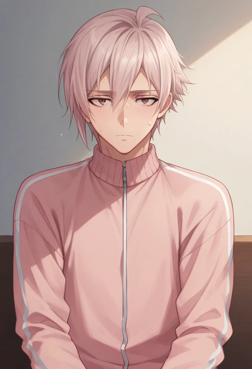 score_9, score_8_up, score_7_up, source_anime, highly detailed, 
tennkujo, 1boy, male focus, solo, pink hair, looking at viewer, sit, tired, sweat, upper body, track jacket, 
indoor,