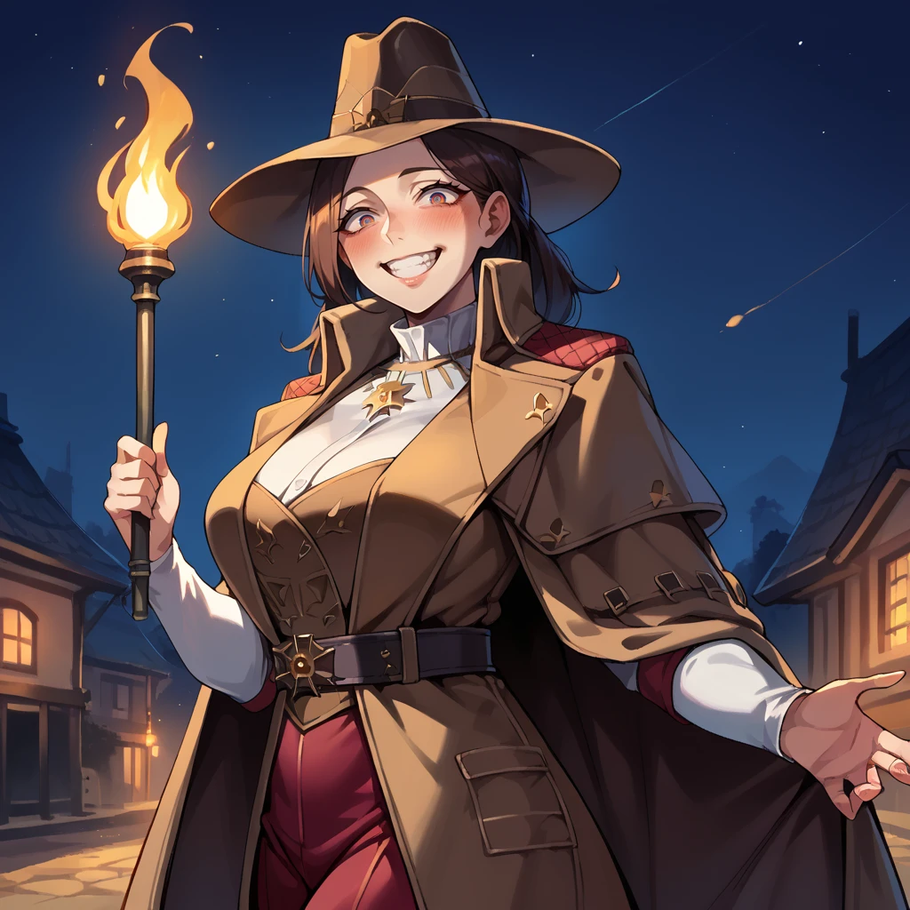 score_9, score_8_up, score_7_up, 2d, anime,
WitchHunter, mature female, curvy, solo,
yandere, blush, crazy eyes, grin, looking at viewer,
hat, coat, holding torch, dark, night,
expressive, dynamic, motion lines,
 <lora:WitchHunter:1>