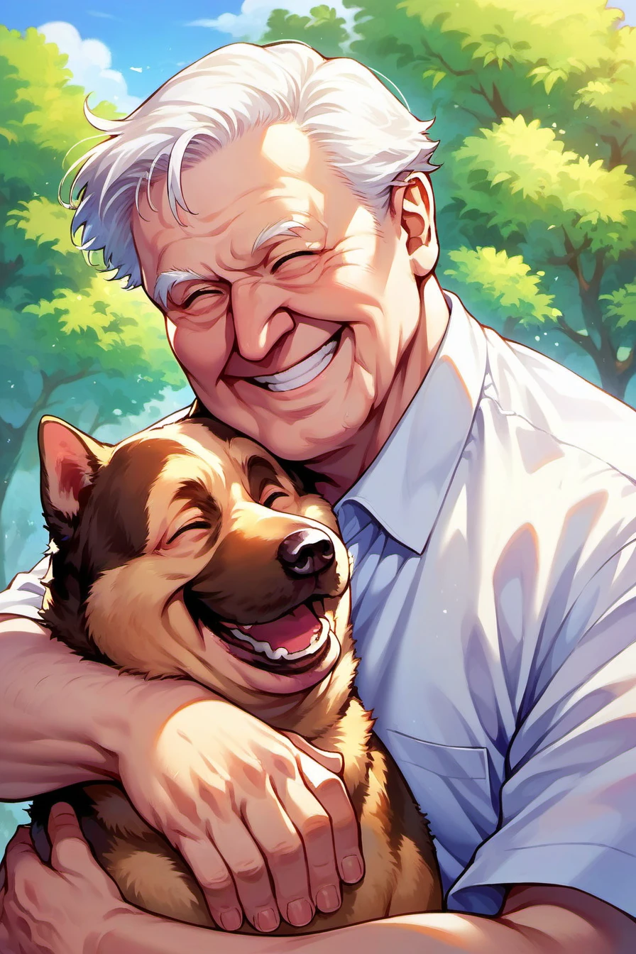 score_anime,score_9, score_8_up,upper body,score_7_up, 1boy,david attenborough,old man,white hair,solo,old man,white shirt,hugging a dog,smile,outdoor