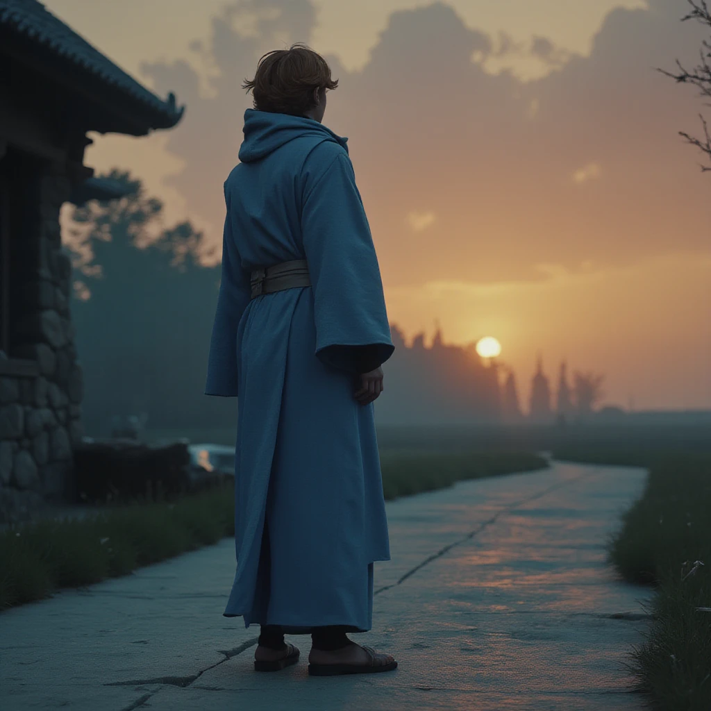 film scene from Denis Villeneuve. Cinematography. Atmosphere of film drama.
 <lora:sypha_v3:1.5>, a gorgeous 25 year old bombshell female Sypha Belnades, sypha,1girl,Sypha Belnades,1woman,orange hair,short hair,blue robe, standing alone, full body, sandals