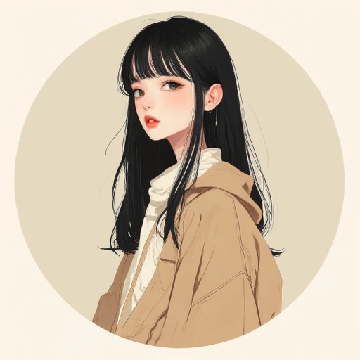 This is a fantasy-themed illustration with a minimalist design and a focus on a Japanese girl. The artwork features clean, minimal lines and smooth curves, with a muted, flat color palette that is modern and restrained. The girl's expression is slightly realistic, capturing subtle emotions while maintaining the simplicity of the overall design. The composition is uncluttered and elegant, with crisp edges and bold outlines, blending a modern aesthetic with a fashion editorial style that emphasizes simplicity and realism over vibrant colors. A minimalistic illustration of a beautiful girl with long, slightly disheveled black hair that contrasts with her innocent expression. She is wearing a casual yet refined autumn outfit and gazes thoughtfully into the distance. Her eyes and slightly parted lips add a captivating charm to the overall image.