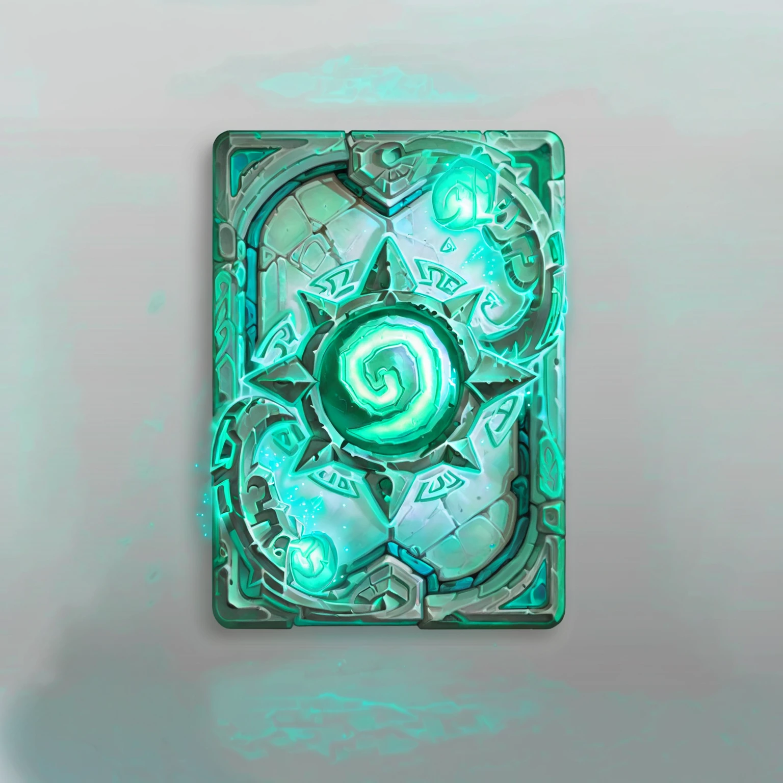 <lora:Hearthstone_Card_back-DoRA_V1:0.85>
a card back showing a crypt with an ethereal turquoise glow with the hearthstone logo in the center, white background