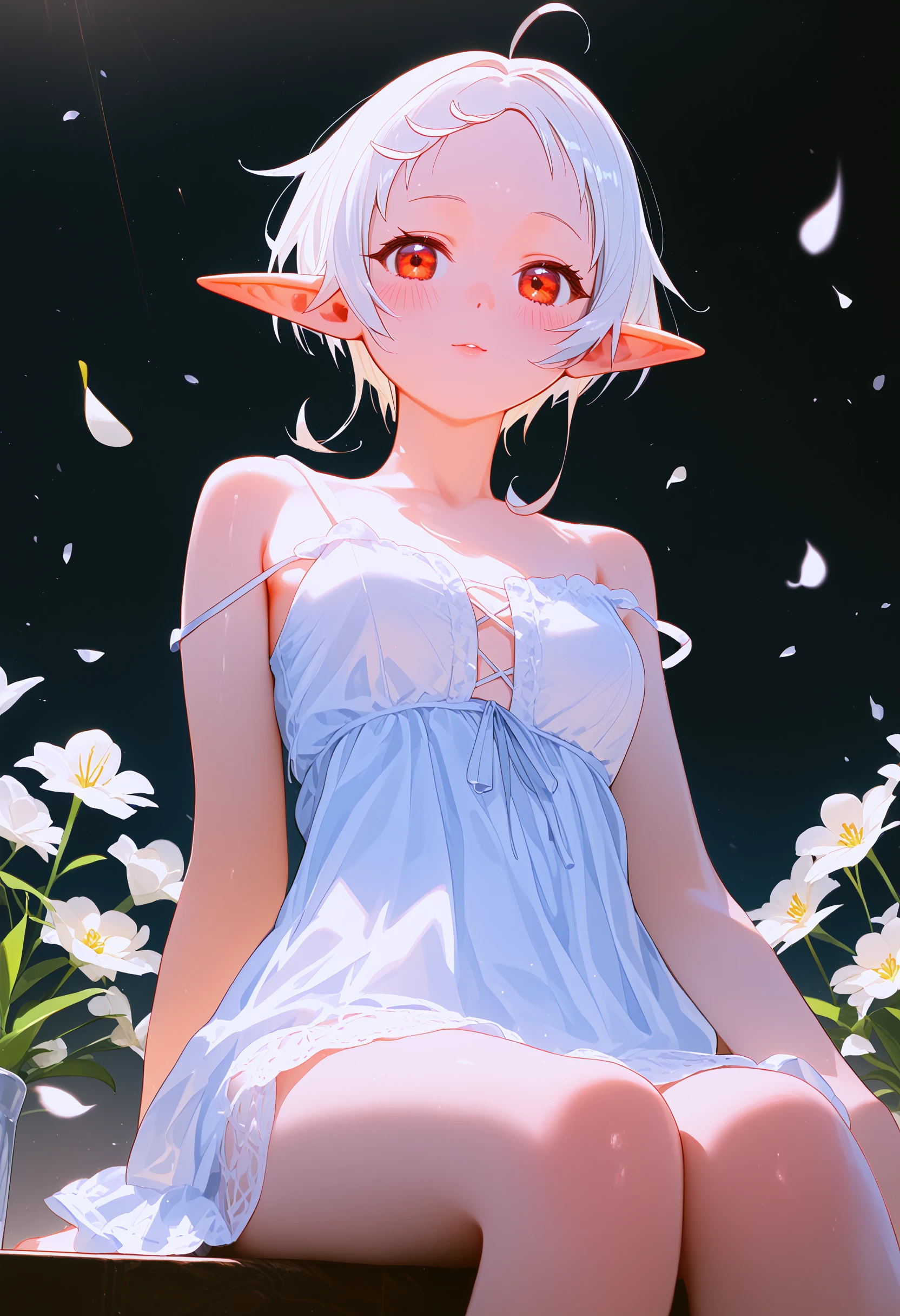 sylphiette \(mushoku tensei\), 1girl, pointy ears, solo, flower, looking at viewer, elf, sitting, short hair, small breasts, strap slip, white flower, white camisole, seiza, bare shoulders, petals, blush, bottomless, upper body, from below black theme, dark,
<lora:mushoku_tensei_collection_v2:1> score_9, score_8_up, score_7_up, score_6_up, absurdres, masterpiece, best quality, very aesthetic