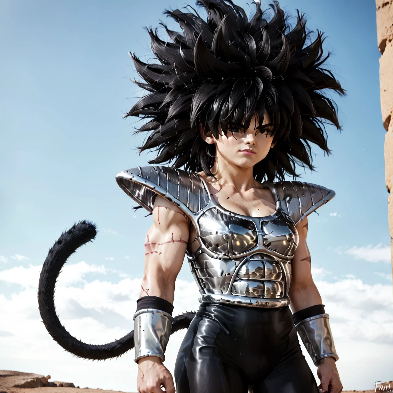 <lora:SolYulaanXL:0.9> SolYulaan, 1girl, muscular girl, black hair, high voltage hair, wild hair, crazy hair, black tail, highvoltagehair, battle scars,  obscured eyes, hair over eyes, free hair, upturned hair, wild spiky hair,  gray skin, cute face, scar on face, scar over eye, scars on arm, scowl, monkey tail, chrome silver Saiyan armor, shiny chrome silver Yaban armor, shiny armor, silver gauntlets, fists by side, standing, realistic, black leggings