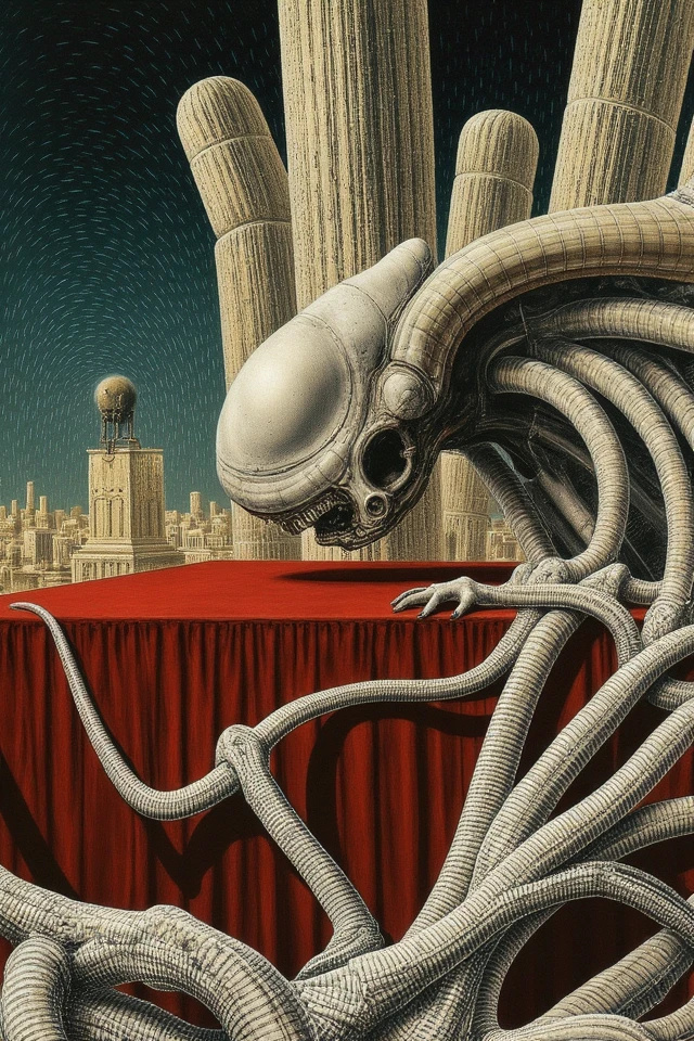 an alien is sitting on a table with a large head,  city, ( ( extreme detail ) ), necromorph, official artwork, realm of the ovarian machine, alien warrior, great horns, mouths, surreal alien ribbed white fruit, by László Balogh, detail on scene, heavy conduits, aum, <lora:hrgiger_flux:1.5>, hrggr