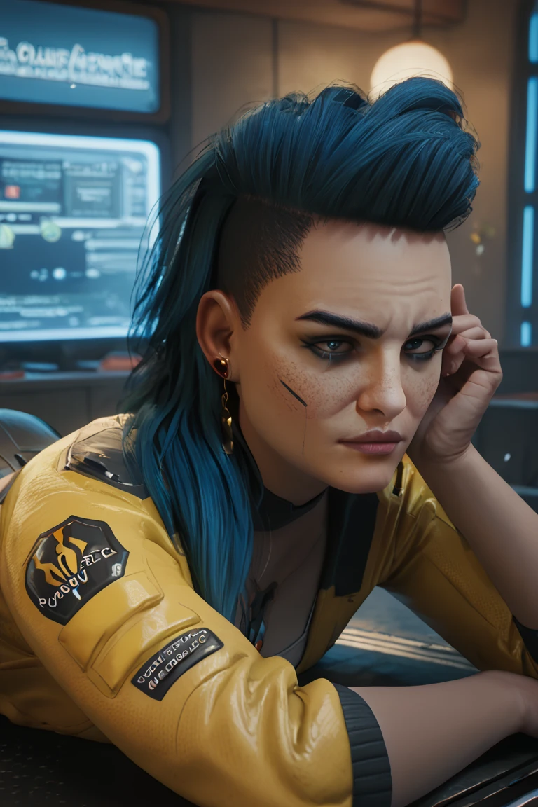 score_9, score_8_up, score_7_up,, , RogueAmendiares, 2077, blue hair ,long hair, asymmetrical hair, earrings, blue eyes, stud earrings, yellow jacket, on stomach