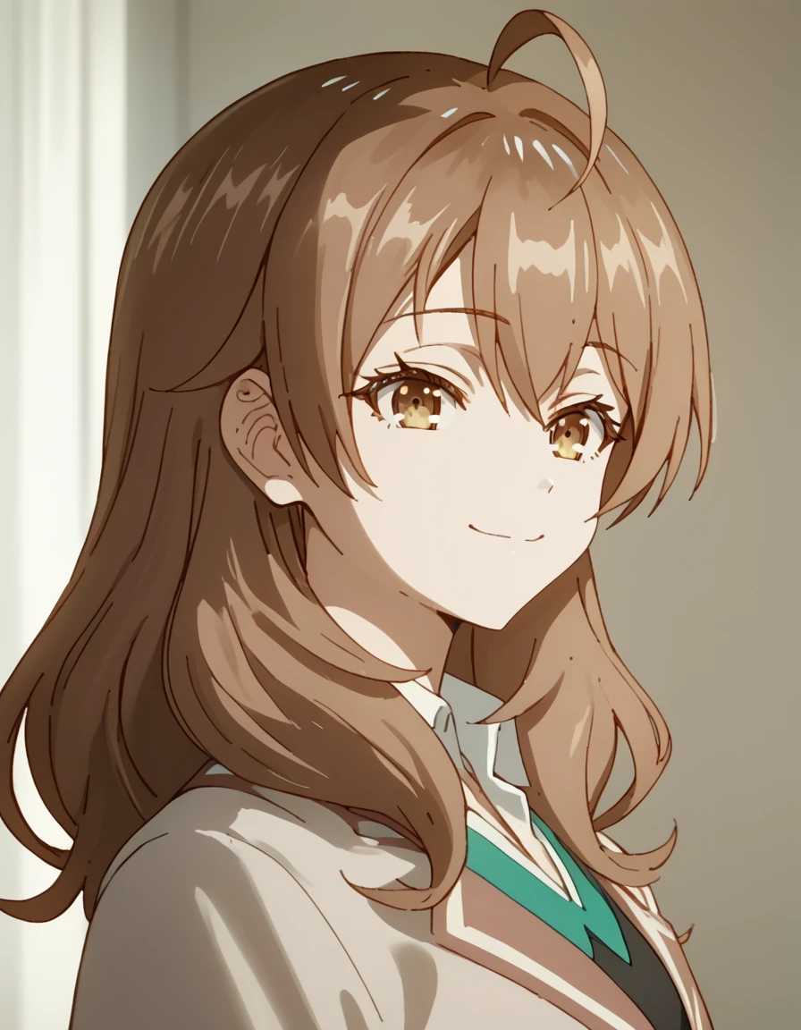 Maria, long hair, bangs, brown hair, hair between eyes, brown eyes, ahoge, <lora:AlyaSometimesHidesHerFeelingsinRussian:1> score_9, score_8_up, score_7_up, score_6_up, score_5_up, score_4_up, source_anime,  soft smile, portrait,