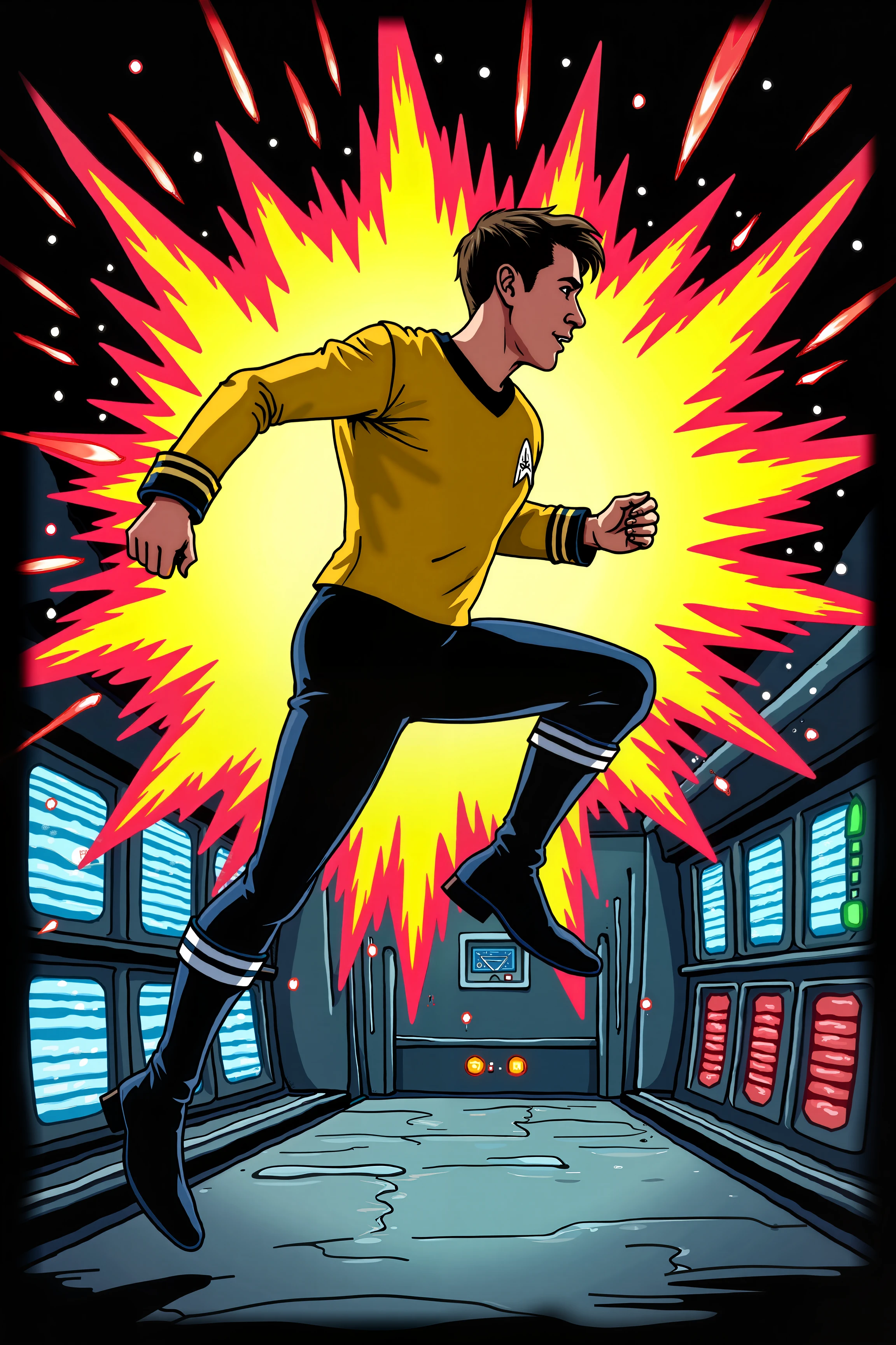 A vibrant cartoon action scene featuring a daring individual in a bright yellow TOS uniform. The character, with an energetic and determined expression, is leaping through the air, kicking off a floating platform. Their uniform is impeccably detailed, with the distinctive yellow and black design, and they wear a futuristic communicator on their wrist. Behind them, a burst of dazzling, neon-colored energy trails, suggesting intense motion and action. In the background, a high-tech starship interior is bustling with holographic control panels and glowing screens. Various sci-fi gadgets and machinery are visibly in motion, adding to the dynamic atmosphere. The scene is framed by a vibrant array of explosive action effects—comic-style speed lines and dynamic, angular shapes—conveying a sense of high-stakes adventure and excitement.