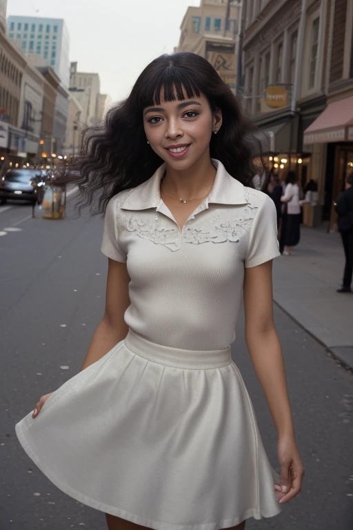 (RAW, analogue, Nikon Z 14mm ultra-wide angle lens, award-winning glamour photograph, ((best quality)), ((masterpiece)), ((realistic)), skin pores, subsurface scattering, radiant light rays, high-res, detailed facial features, high detail, sharp focus, smooth, aesthetic, extremely detailed, (extremely detailed eyes, extremely detailed iris), extremely detailed hair, extremely detailed skin, extremely detailed clothes, octane render, photorealistic, realistic, post-processing, max detail, realistic shadows, roughness, natural skin texture, real life, ultra-realistic, photorealism, photography, 8k UHD, photography, hdr, intricate, elegant, highly detailed, sharp focus, stunning, beautiful, gorgeous), (photorealistic), (realistic), ir3n3c4r4, dark hair, bangs, brown eyes, nose, short-sleeve collared shirt, long skirt, smile, teeth, dancing in the middle of the street, city, broadway, midday, <lora:Irene_Cara_PMv1b_Lora:1.3>,
