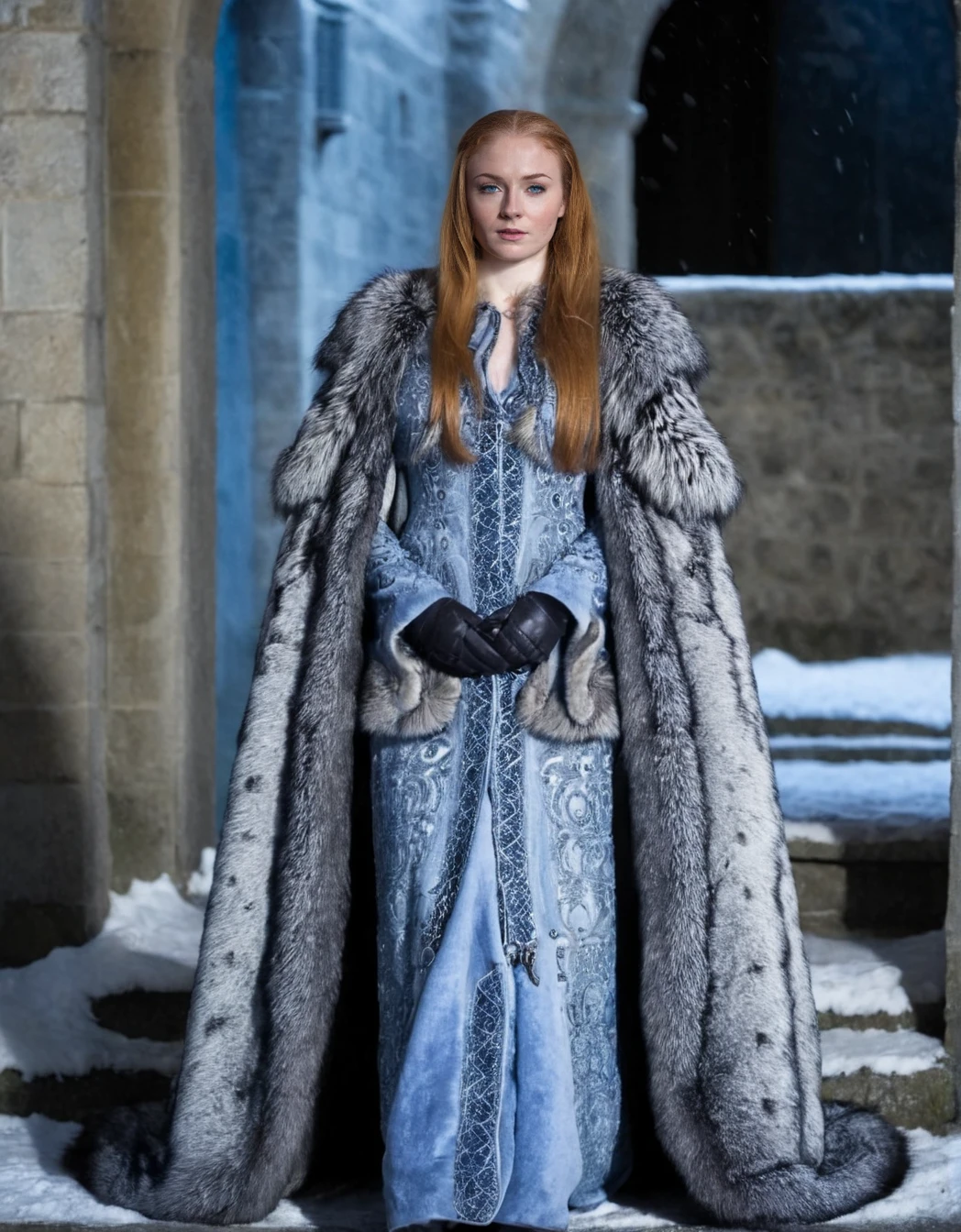 <lora:SansaStark_SDXL_V1.2:1>,ginger hair,SansaStark,full body shot.high detailed royal fur coat.cinemaic blue light.snowy on castle,