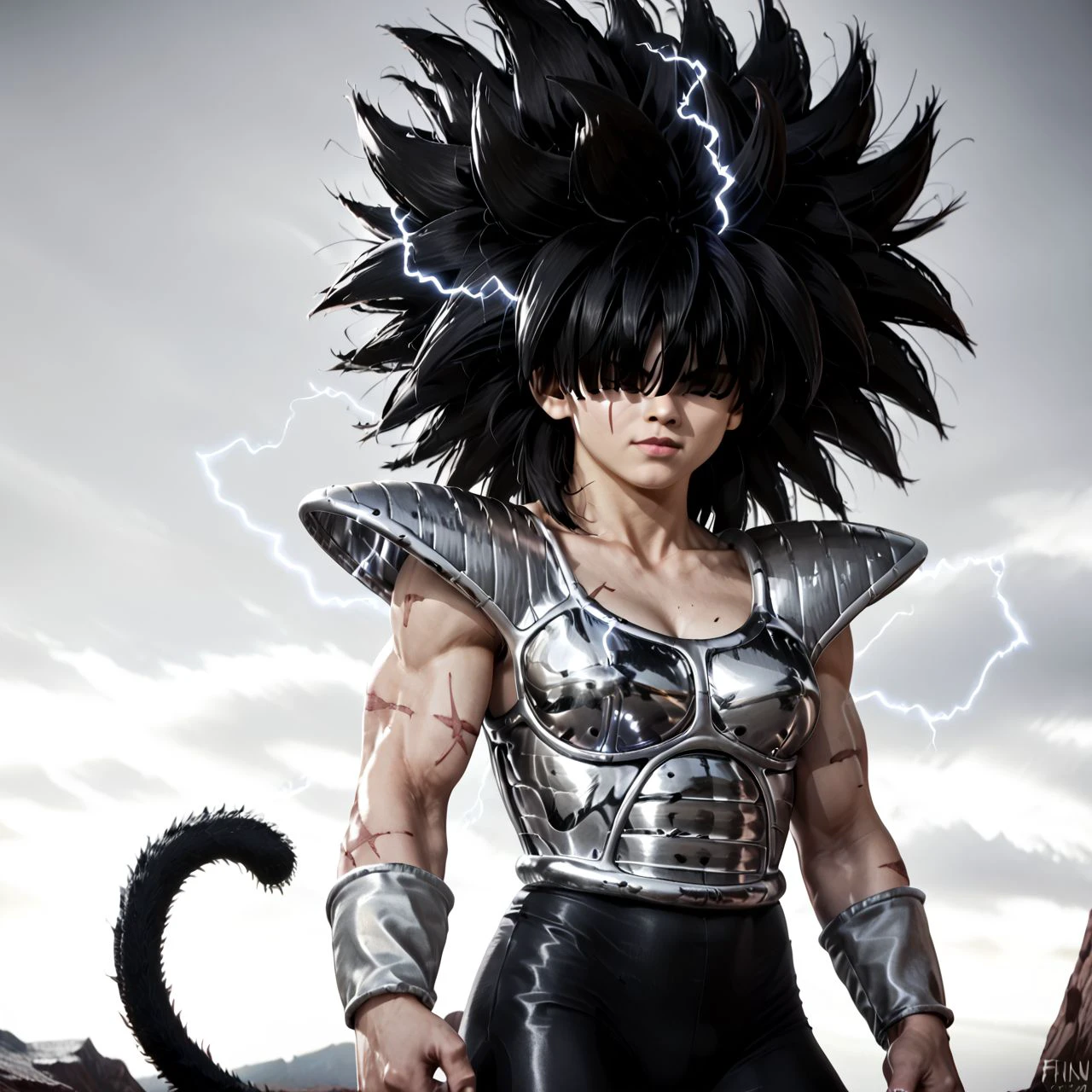 <lora:SolYulaanXL:0.9> SolYulaan, 1girl, bioelectricity around body, electricity crackling around hair and body, muscular girl, black hair, high voltage hair, wild hair, crazy hair, black tail, highvoltagehair, battle scars,  obscured eyes, hair over eyes, free hair, upturned hair, wild spiky hair,  gray skin, cute face, scar on face, scar over eye, scars on arm, scowl, monkey tail, chrome silver Saiyan armor, shiny chrome silver Yaban armor, shiny armor, silver gauntlets, fists by side, standing, realistic, black leggings, dark background, skyline background