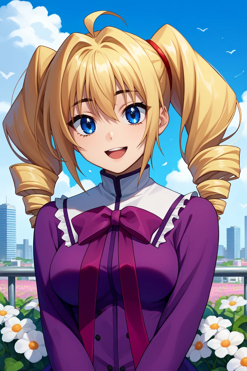 score_9, score_8_up, score_7_up, score_6_up, source_anime BREAK 1girl, solo <lora:ravelphenex-pdxl-nvwls-v1:1> dxdRP, blonde hair, ahoge, twin drills, blue eyes, purple dress, long sleeves, purple bow, white collar, frilled dress, black pantyhose, breasts, looking at you, happy, blue sky, clouds, flowers, city, upper body